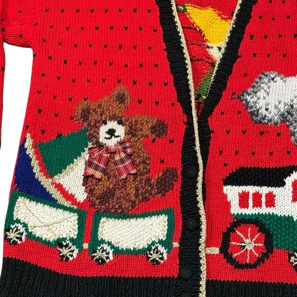 VTG 90s Talbots Womens Large Christmas Toy Train Hand Knit Red Cardigan Sweater - Picture 5 of 12